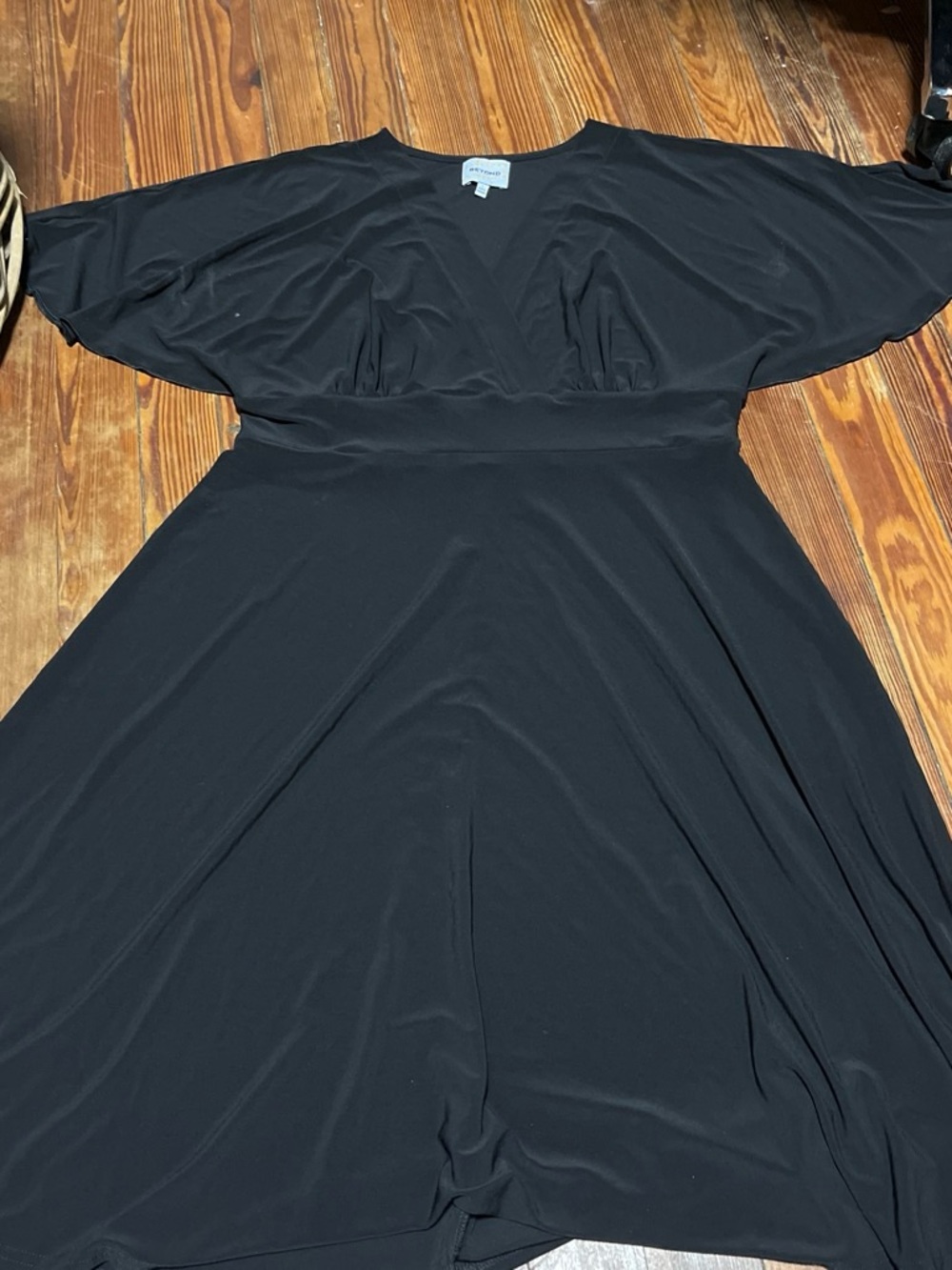 Ashley Graham Black Midi Dress with V-Neck and Flutter Sleeves